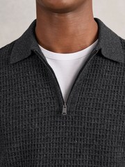 Reiss Charcoal Grey Hamilton Wool Waffle-Knit Half-Zip Polo Shirt - Image 4 of 6