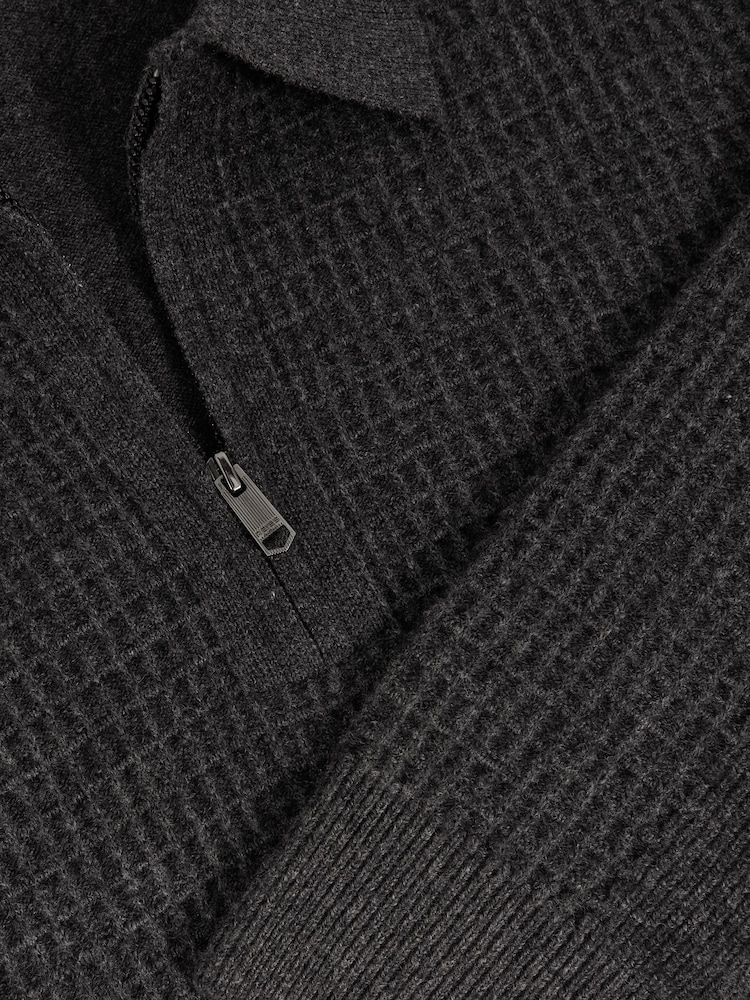 Reiss Charcoal Grey Hamilton Wool Waffle-Knit Half-Zip Polo Shirt - Image 6 of 6