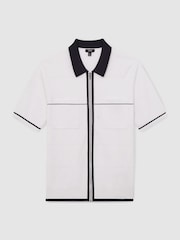Reiss White/Navy/Blue Baxter Compact-Knit Tipped Zip-Through Shirt - Image 2 of 6