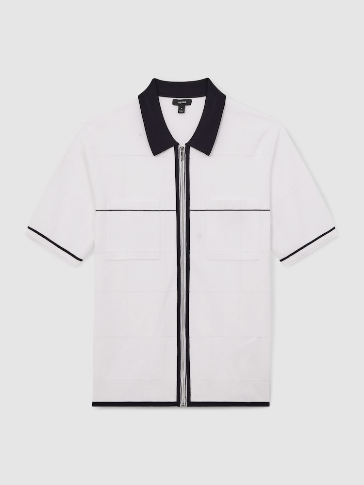 Reiss White/Navy/Blue Baxter Compact-Knit Tipped Zip-Through Shirt - Image 2 of 6