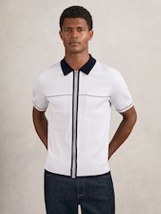 Reiss White/Navy/Blue Baxter Compact-Knit Tipped Zip-Through Shirt - Image 3 of 6
