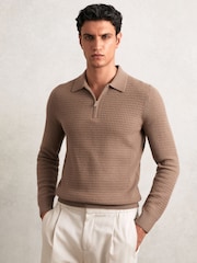 Reiss Camel Brown Hamilton Wool Waffle-Knit Half-Zip Polo Shirt - Image 1 of 5