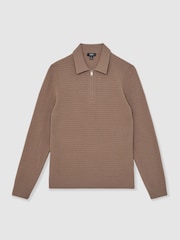 Reiss Camel Brown Hamilton Wool Waffle-Knit Half-Zip Polo Shirt - Image 2 of 5