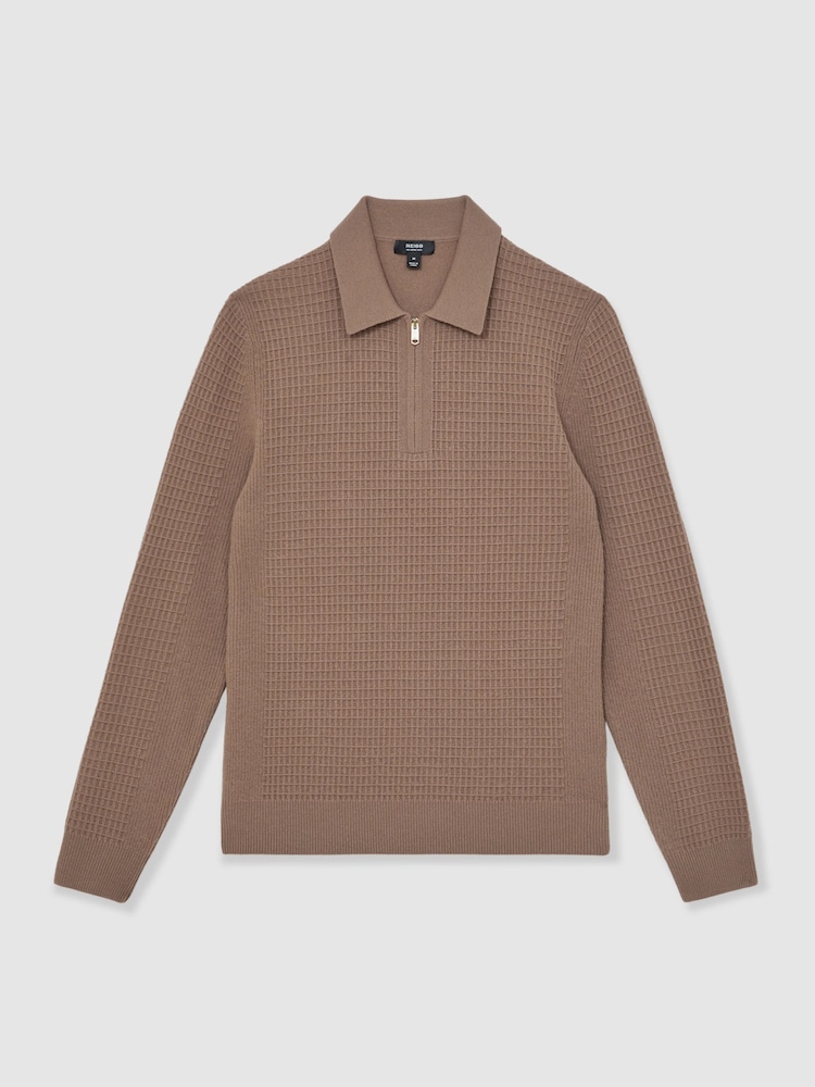 Reiss Camel Brown Hamilton Wool Waffle-Knit Half-Zip Polo Shirt - Image 2 of 5