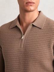 Reiss Camel Brown Hamilton Wool Waffle-Knit Half-Zip Polo Shirt - Image 3 of 5