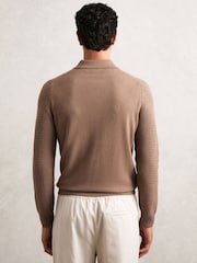 Reiss Camel Brown Hamilton Wool Waffle-Knit Half-Zip Polo Shirt - Image 4 of 5