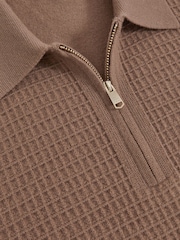Reiss Camel Brown Hamilton Wool Waffle-Knit Half-Zip Polo Shirt - Image 5 of 5