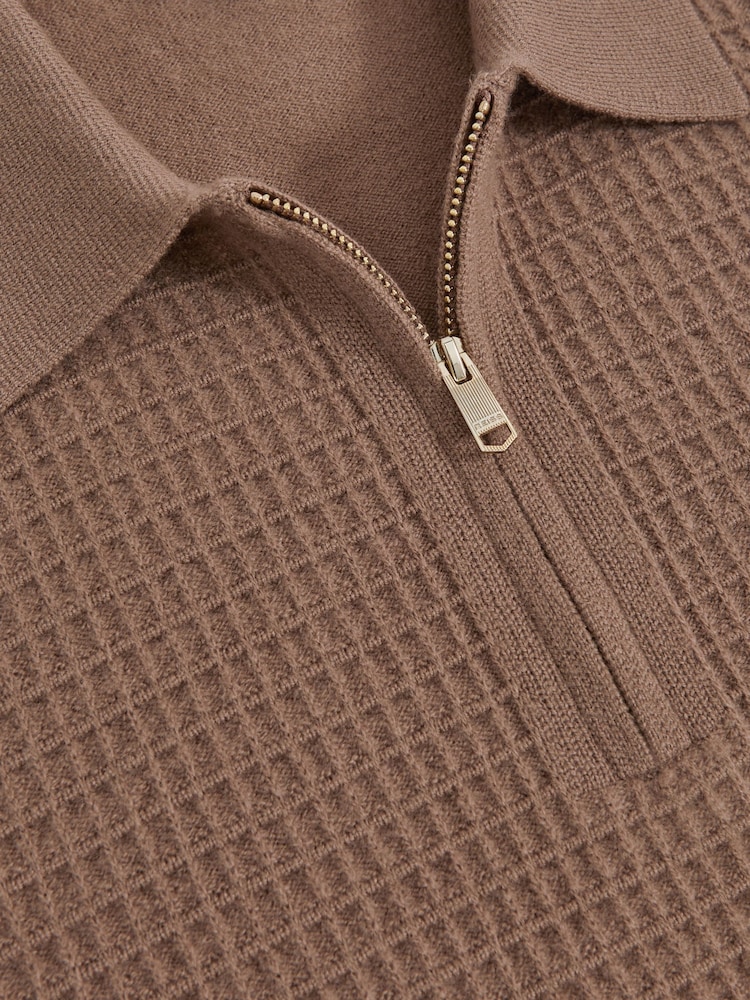 Reiss Camel Brown Hamilton Wool Waffle-Knit Half-Zip Polo Shirt - Image 5 of 5