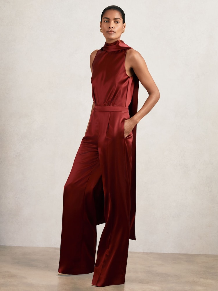 Reiss Dark Red Farah Satin Cape-Sash Jumpsuit - Image 1 of 5 Reiss Dark Red Farah Satin Cape-Sash Jumpsuit - Image 1 of 5