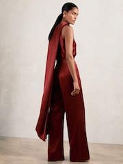 Reiss Dark Red Farah Satin Cape-Sash Jumpsuit - Image 3 of 5