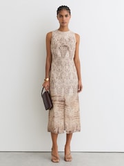 Reiss Neutral Presley Animal Print Tuck Detail Midi Dress - Image 1 of 5