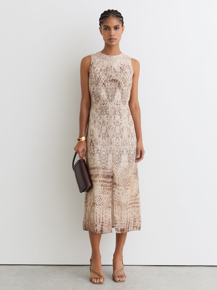 Reiss Neutral Presley Animal Print Tuck Detail Midi Dress - Image 1 of 5