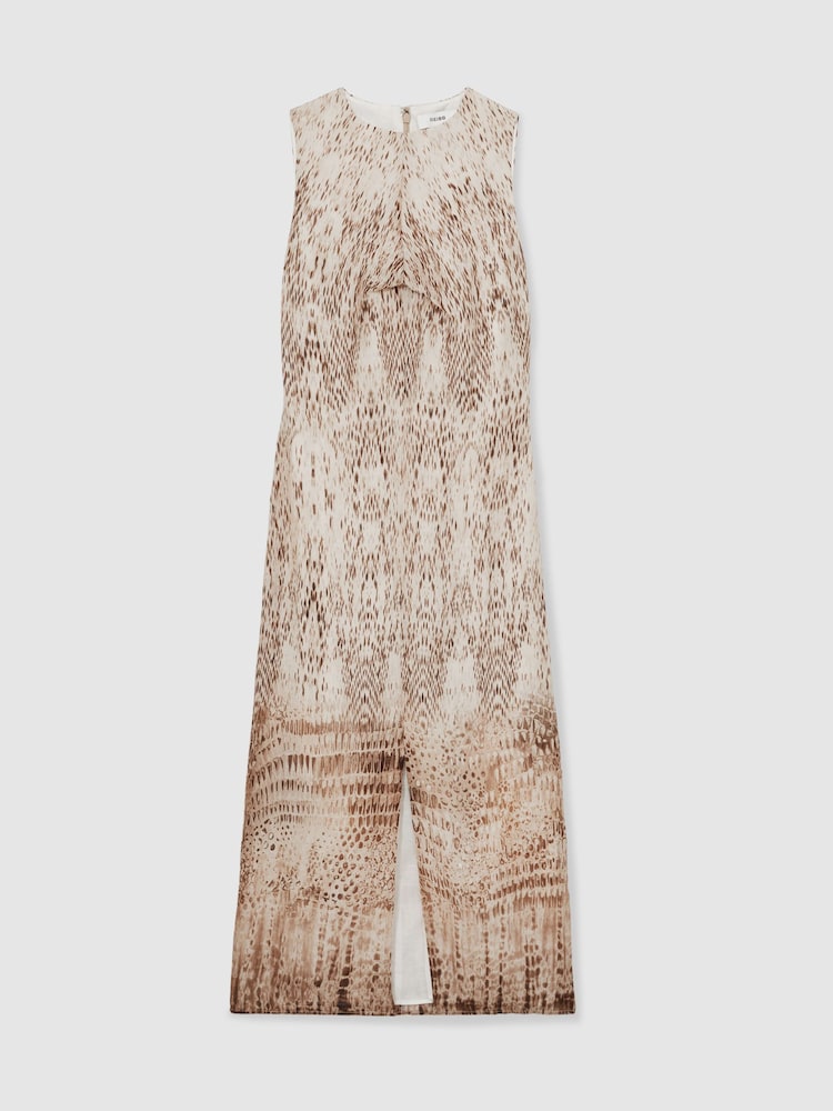 Reiss Neutral Presley Animal Print Tuck Detail Midi Dress - Image 2 of 5