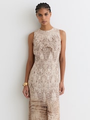 Reiss Neutral Presley Animal Print Tuck Detail Midi Dress - Image 3 of 5