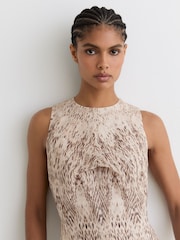 Reiss Neutral Presley Animal Print Tuck Detail Midi Dress - Image 4 of 5