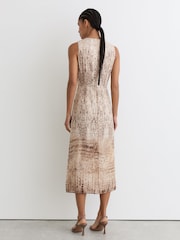Reiss Neutral Presley Animal Print Tuck Detail Midi Dress - Image 5 of 5
