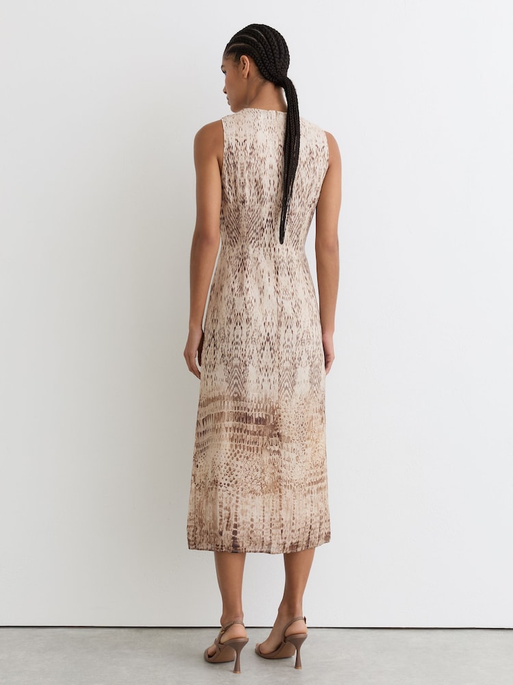Reiss Neutral Presley Animal Print Tuck Detail Midi Dress - Image 5 of 5