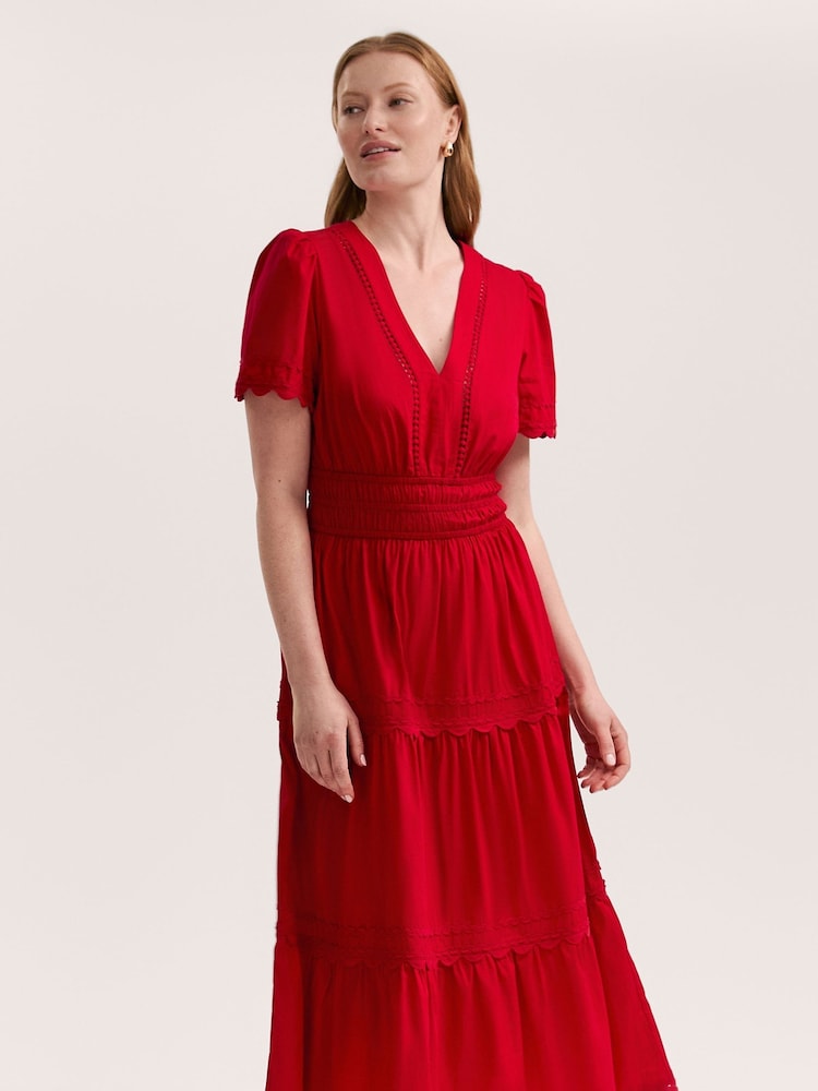 Finery Red Wren Cotton Ric Rac Detail Tiered Midi Dress - Image 2 of 4