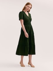 Finery Green Wren Cotton Ric Rac Detail Tiered Midi Dress - Image 1 of 4