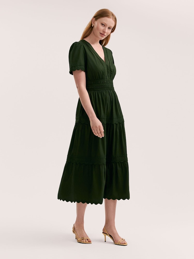 Finery Green Wren Cotton Ric Rac Detail Tiered Midi Dress - Image 1 of 4