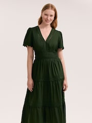 Finery Green Wren Cotton Ric Rac Detail Tiered Midi Dress - Image 2 of 4