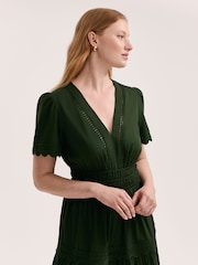 Finery Green Wren Cotton Ric Rac Detail Tiered Midi Dress - Image 3 of 4