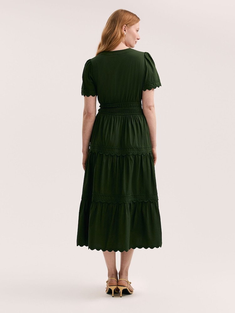 Finery Green Wren Cotton Ric Rac Detail Tiered Midi Dress - Image 4 of 4