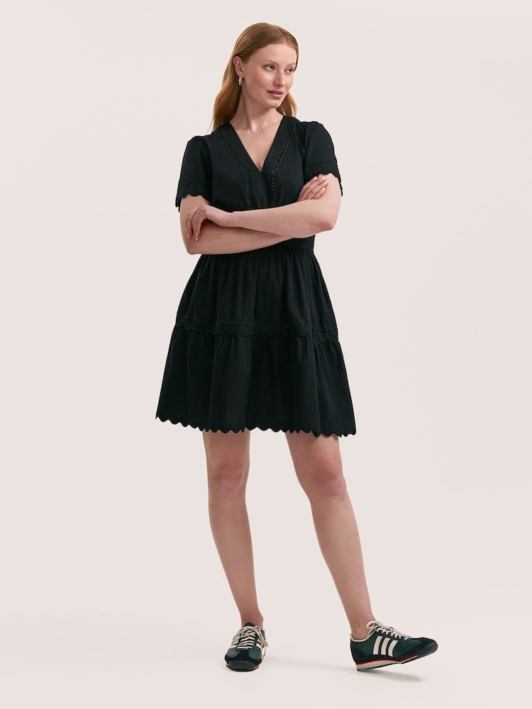 Finery Black Reece Cotton Ric Rac Detail Short Dress - Image 1 of 4