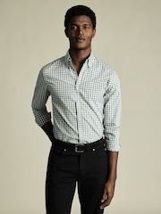 Charles Tyrwhitt Green Slim Fit Check Slim Fit Non-Iron Stretch Poplin 100% Cotton Shirt - Image 1 of 6