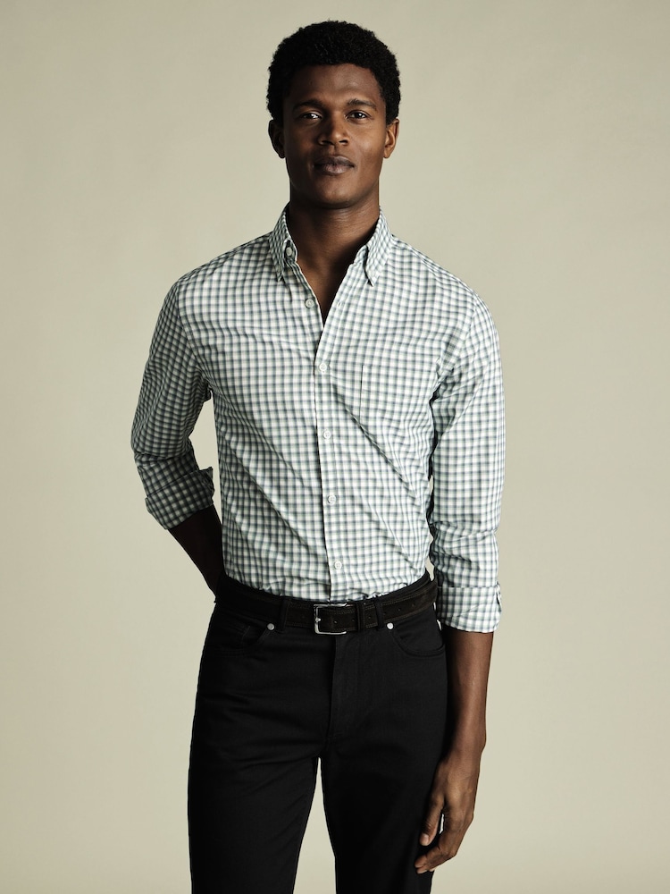 Charles Tyrwhitt Green Slim Fit Check Slim Fit Non-Iron Stretch Poplin 100% Cotton Shirt - Image 1 of 6