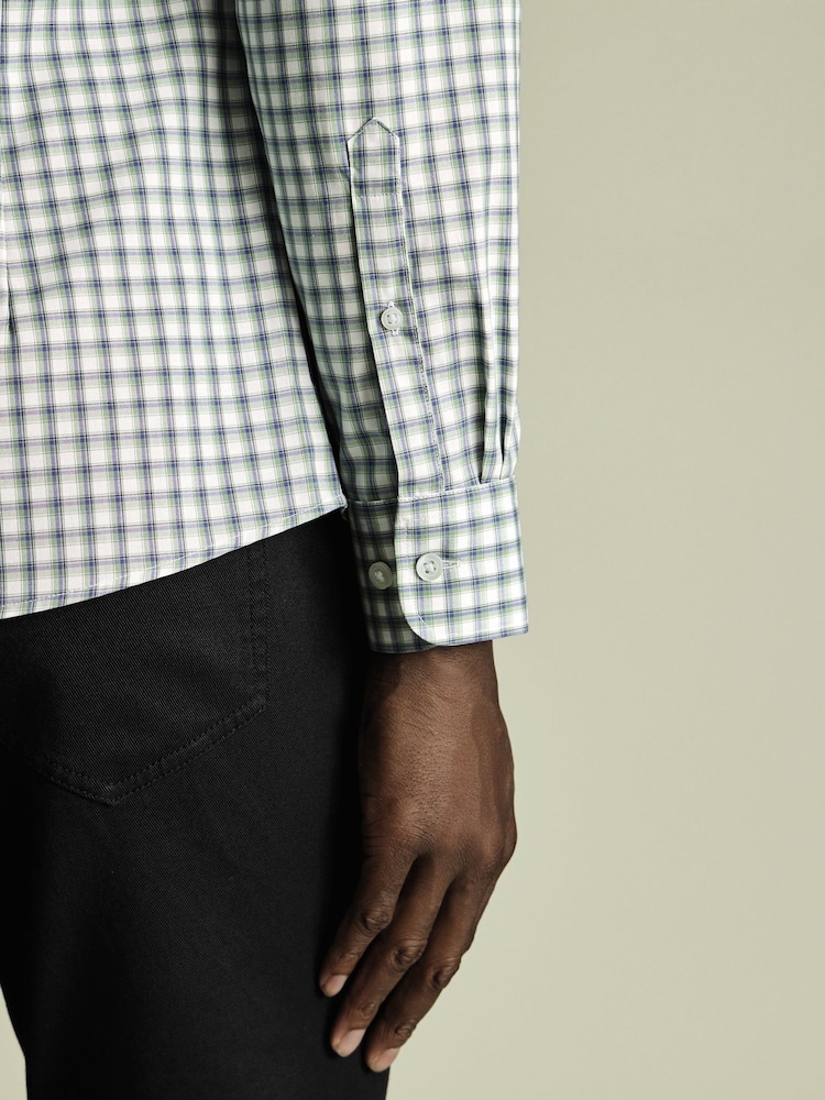 Charles Tyrwhitt Green Slim Fit Check Slim Fit Non-Iron Stretch Poplin 100% Cotton Shirt - Image 3 of 6