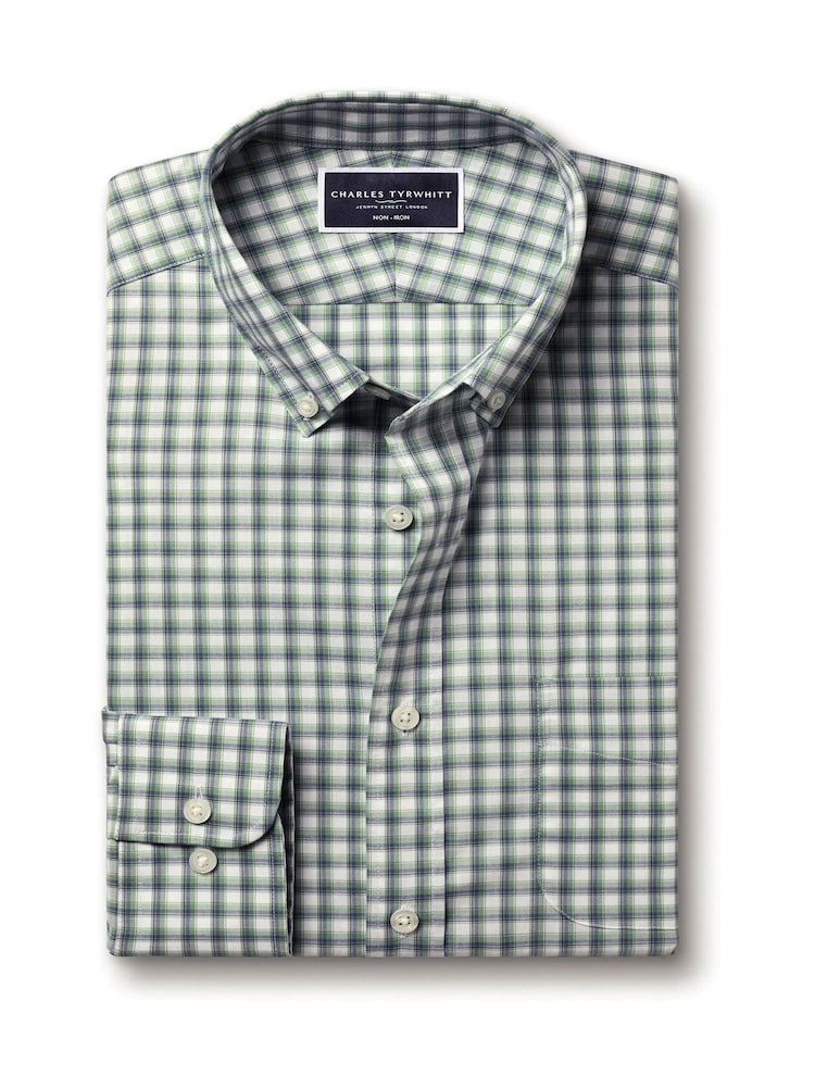 Charles Tyrwhitt Green Slim Fit Check Slim Fit Non-Iron Stretch Poplin 100% Cotton Shirt - Image 5 of 6