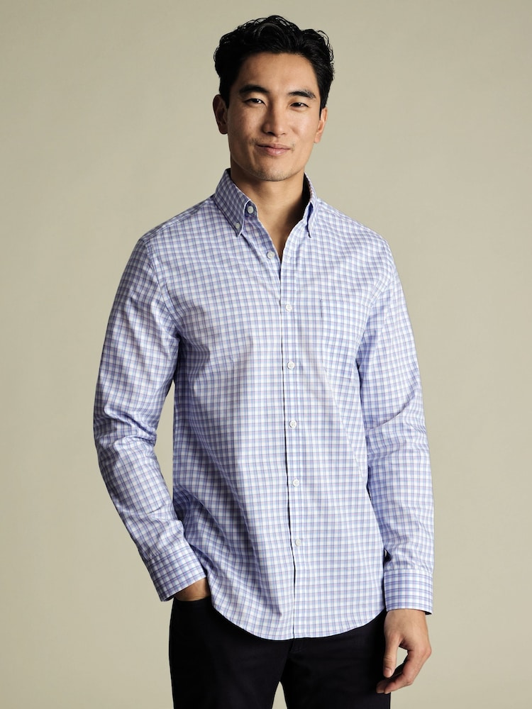 Charles Tyrwhitt Blue Slim Fit Check Slim Fit Non-Iron Stretch Poplin 100% Cotton Shirt - Image 1 of 6