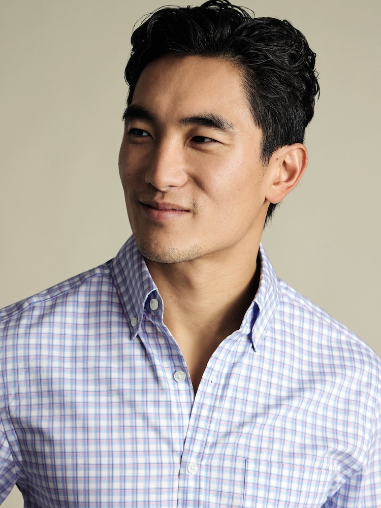 Charles Tyrwhitt Blue Slim Fit Check Slim Fit Non-Iron Stretch Poplin 100% Cotton Shirt - Image 2 of 6