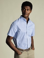 Charles Tyrwhitt Blue Slim Fit Check Slim Fit Short Sleeve Non-Iron Stretch Poplin 100% Cotton Shirt - Image 1 of 5