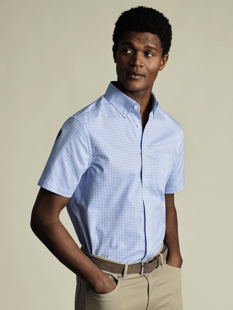 Charles Tyrwhitt Blue Slim Fit Check Slim Fit Short Sleeve Non-Iron Stretch Poplin 100% Cotton Shirt - Image 1 of 5