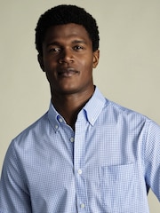 Charles Tyrwhitt Blue Slim Fit Check Slim Fit Short Sleeve Non-Iron Stretch Poplin 100% Cotton Shirt - Image 2 of 5