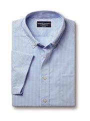 Charles Tyrwhitt Blue Slim Fit Check Slim Fit Short Sleeve Non-Iron Stretch Poplin 100% Cotton Shirt - Image 4 of 5