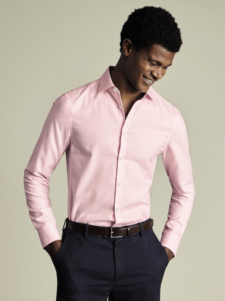 Charles Tyrwhitt Pink Slim Fit Slim Fit Non-Iron Check Cotton Linen Shirt - Image 1 of 6