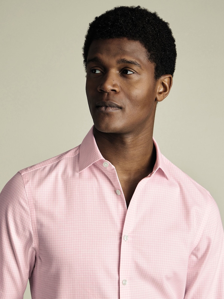 Charles Tyrwhitt Pink Slim Fit Slim Fit Non-Iron Check Cotton Linen Shirt - Image 2 of 6