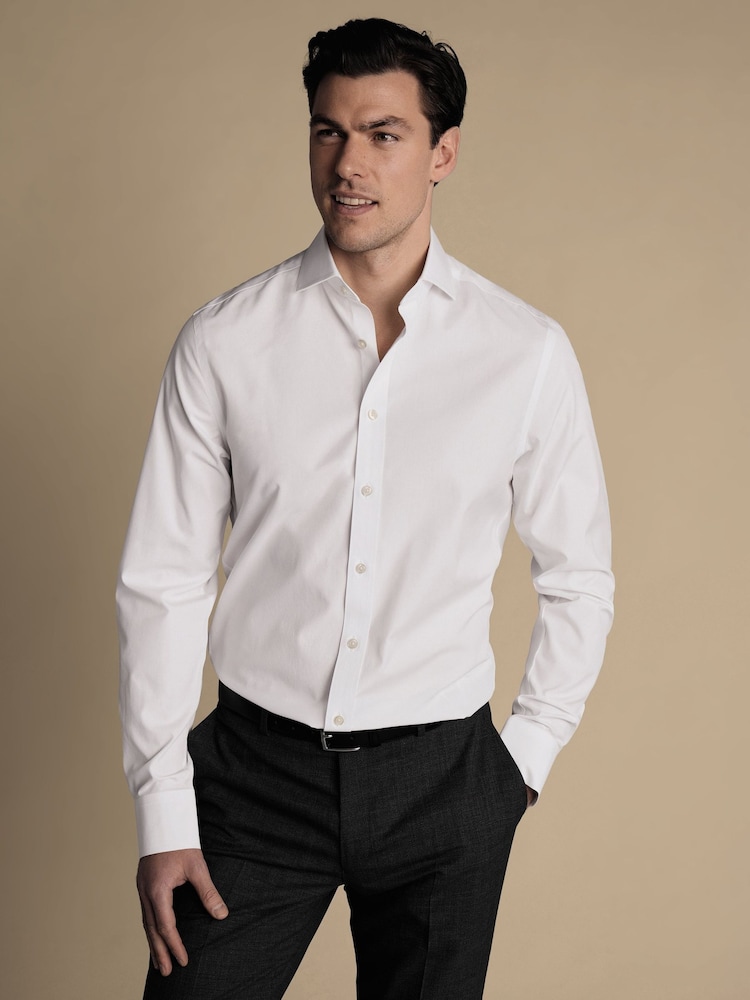 Charles Tyrwhitt Off White Classic Fit Non Iron Herringbone 100% Cotton Shirt - Image 1 of 5