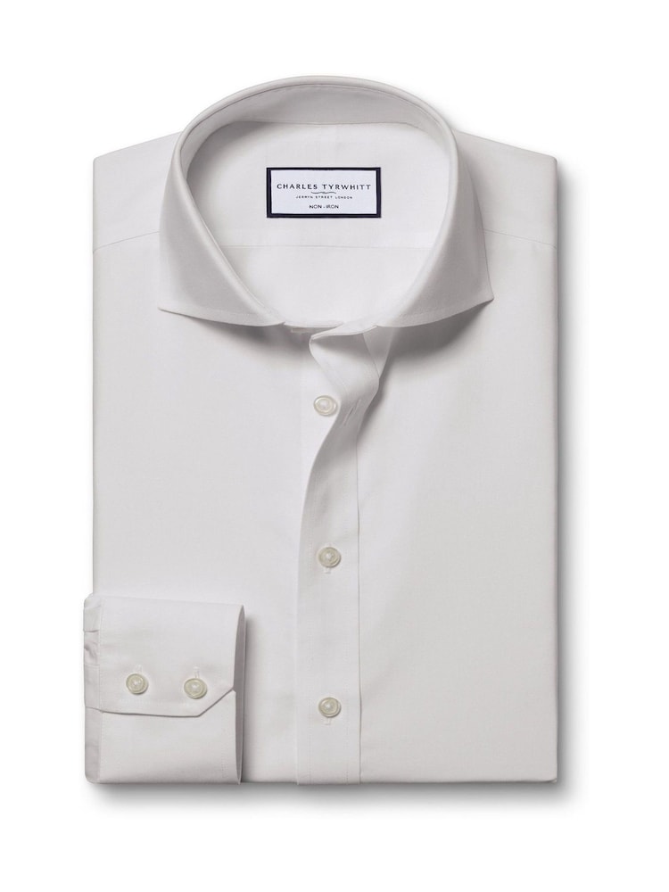 Charles Tyrwhitt Off White Classic Fit Non Iron Herringbone 100% Cotton Shirt - Image 3 of 5
