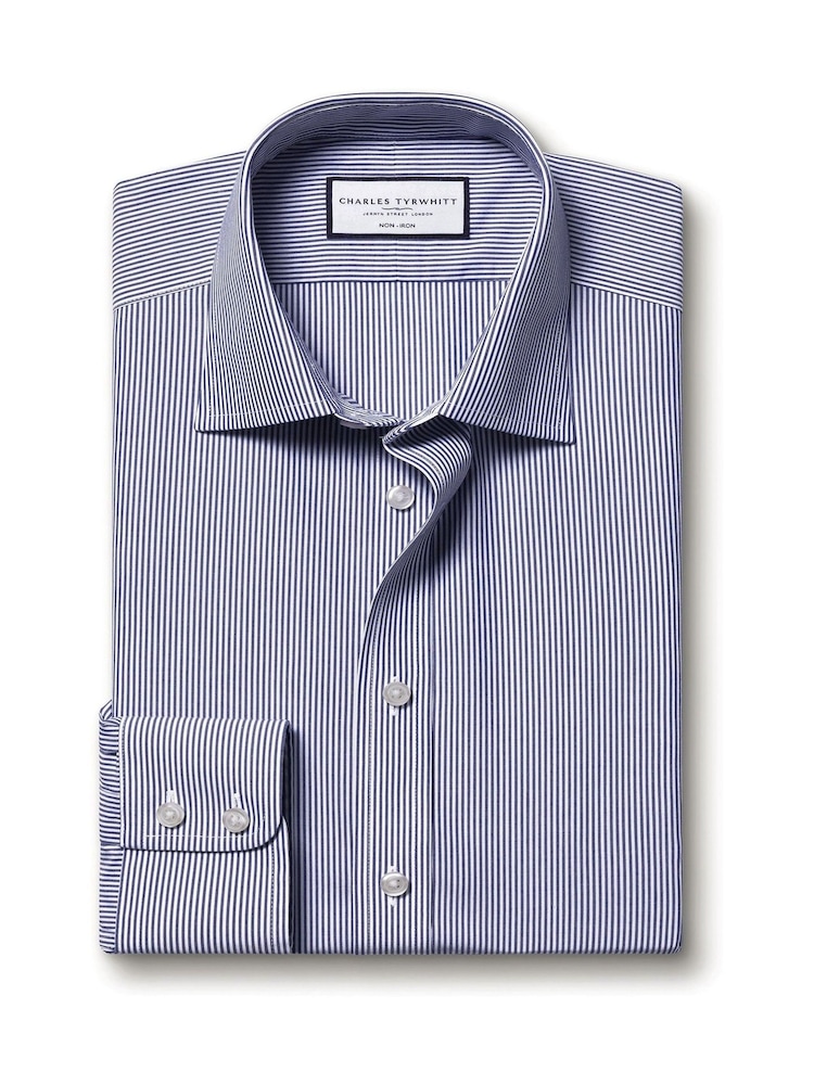 Charles Tyrwhitt NavyBlue Classic Fit Non-Iron Cutaway Collar Gingham 100% Cotton Shirt - Image 5 of 6