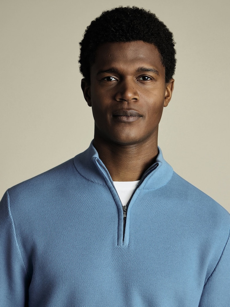 Charles Tyrwhitt Blue Honeycomb 100% Cotton Zip Neck Sweat Top - Image 2 of 5