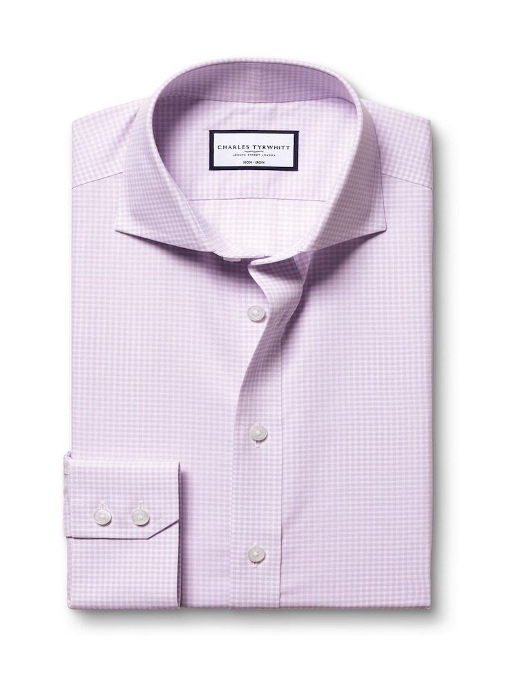 Charles Tyrwhitt Purple Slim Fit Slim Fit Non-Iron Cutaway Collar Gingham 100% Cotton Shirt - Image 5 of 6