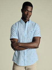 Charles Tyrwhitt Blue Slim Fit Fish Slim Fit Short Sleeve Non-Iron Print 100% Cotton Shirt - Image 1 of 5
