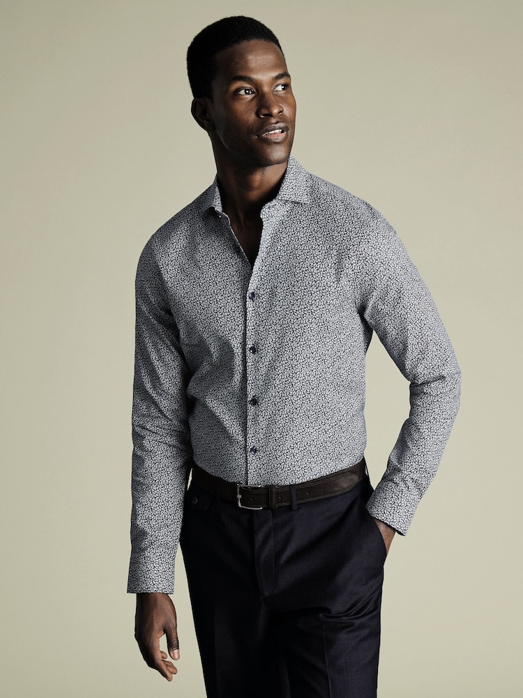 Charles Tyrwhitt Ink Blue Slim Fit Non-Iron Stretch Bird Printed 100% Cotton Shirt - Image 1 of 6