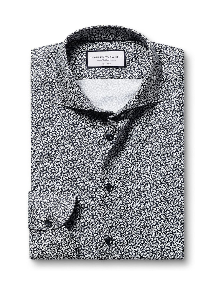 Charles Tyrwhitt Ink Blue Slim Fit Non-Iron Stretch Bird Printed 100% Cotton Shirt - Image 4 of 6