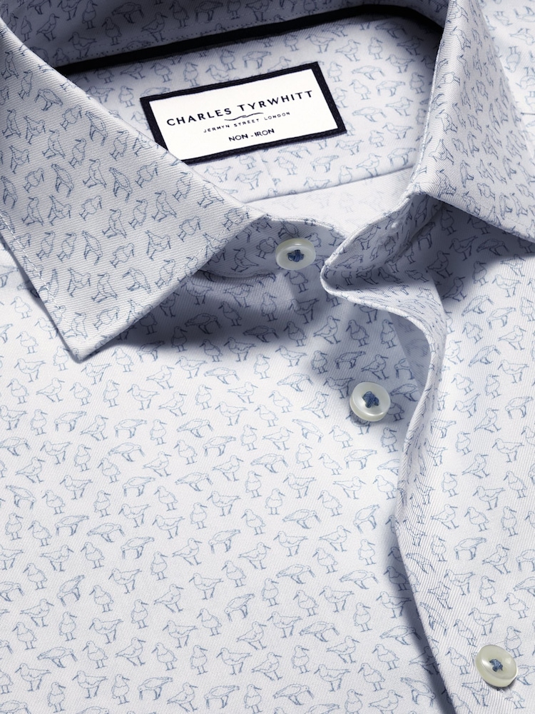 Charles Tyrwhitt Blue Slim Fit Non-Iron Stretch Bird Printed 100% Cotton Shirt - Image 5 of 6