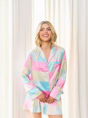 Jim Jam the Label Pink Satin Revere Shorts Set With Check Print - Image 1 of 5